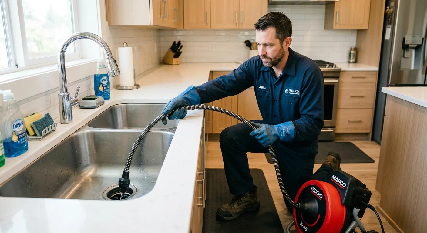 Drain cleaning technician using a motorized snake on a kitchen sink in North Salt Lake