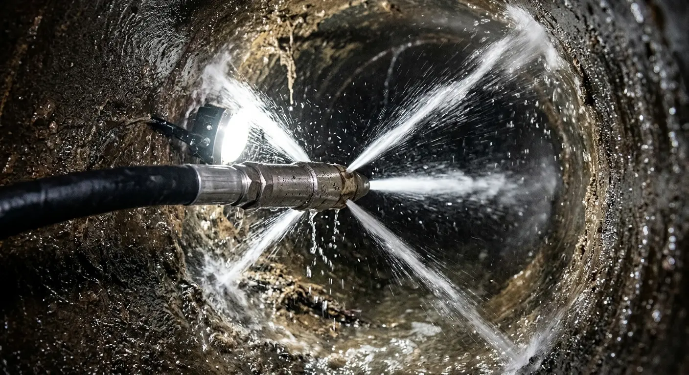 High-pressure hydro jetting nozzle cleaning sewer pipe for Emergency Drain Service in North Salt Lake