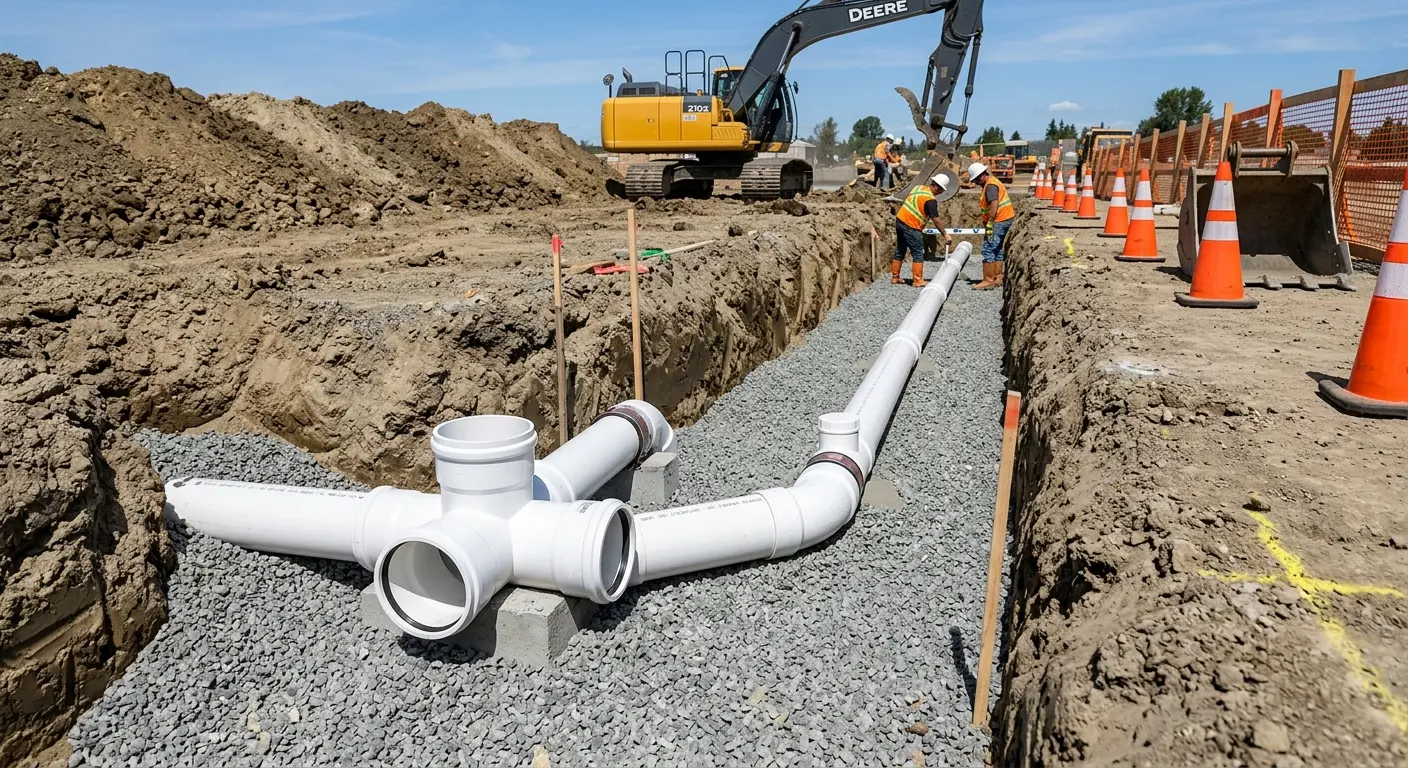 New PVC sewer pipe installation in open trench for Sewer Backup in North Salt Lake
