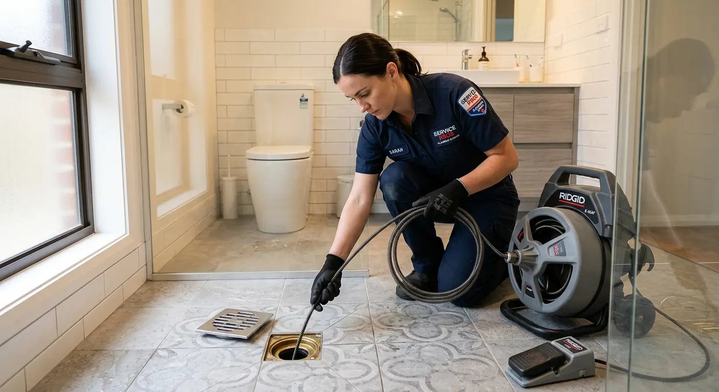 Technician clearing a bathroom floor drain for Drain Repair in North Salt Lake